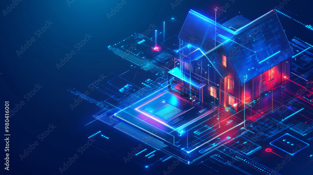 Poster abstract background of a smart home. a smartphone app manages automation through the internet of thi