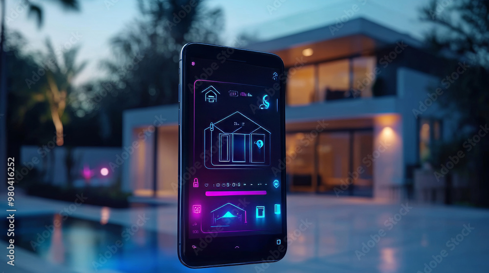 Poster abstract background of a smart home. a smartphone app manages automation through the internet of thi
