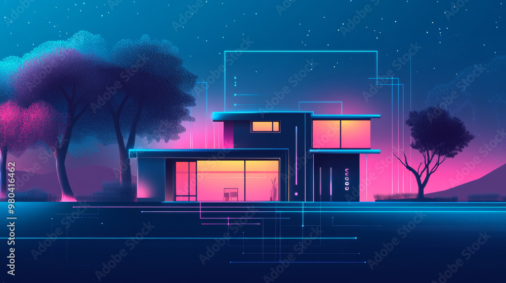 Poster abstract background of a smart home. a smartphone app manages automation through the internet of thi
