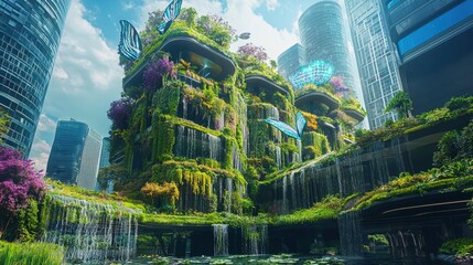 Obraz premium Futuristic urban garden with cascading waterfalls and lush green vegetation in a modern city skyline