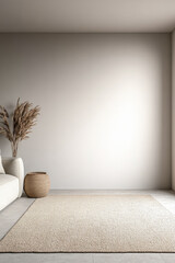 Minimalistic living room with neutral tones, cozy seating, and natural decor in a modern home interior