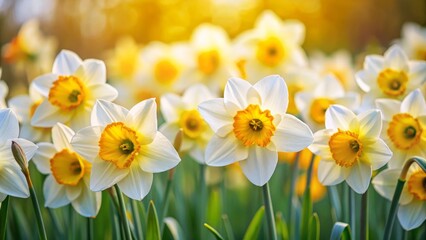 Obraz premium Yellow and white narcissus flowers in full bloom against a soft, blurred background