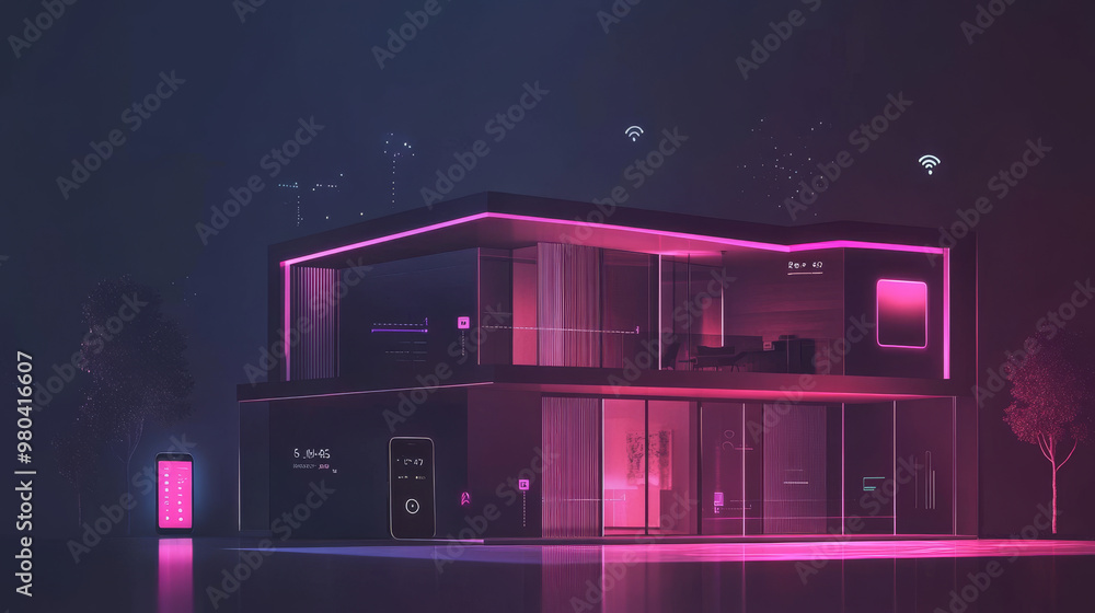 Poster abstract background of a smart home. a smartphone app manages automation through the internet of thi