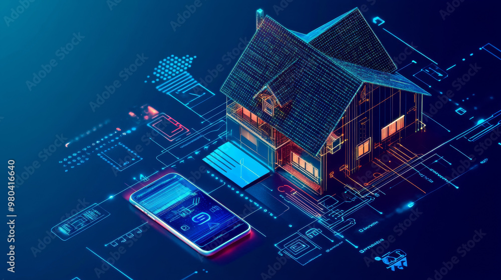 Poster abstract background of a smart home. a smartphone app manages automation through the internet of thi