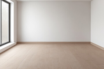 Empty room with large window showcasing natural light and minimalistic design in a modern interior space