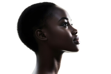 Side view portrait of a joyful African woman with glowing dark skin, captured in a close-up against a plain white background