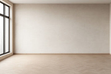 Bright and open empty room with large window and wooden floor in modern interior design style