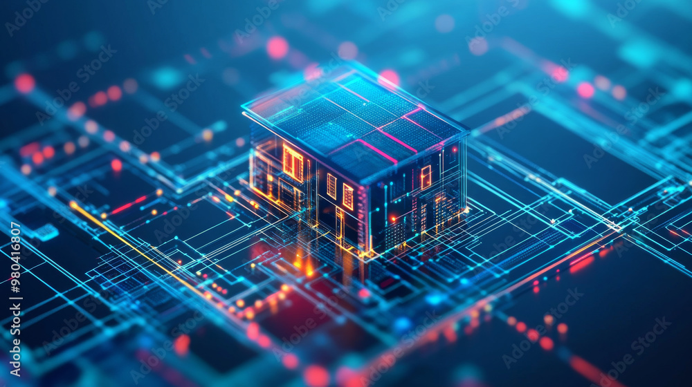 Poster abstract background of a smart home. a smartphone app manages automation through the internet of thi