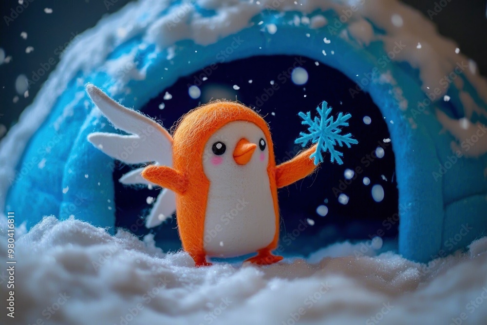 Poster orange penguin with snowflake in snowy igloo