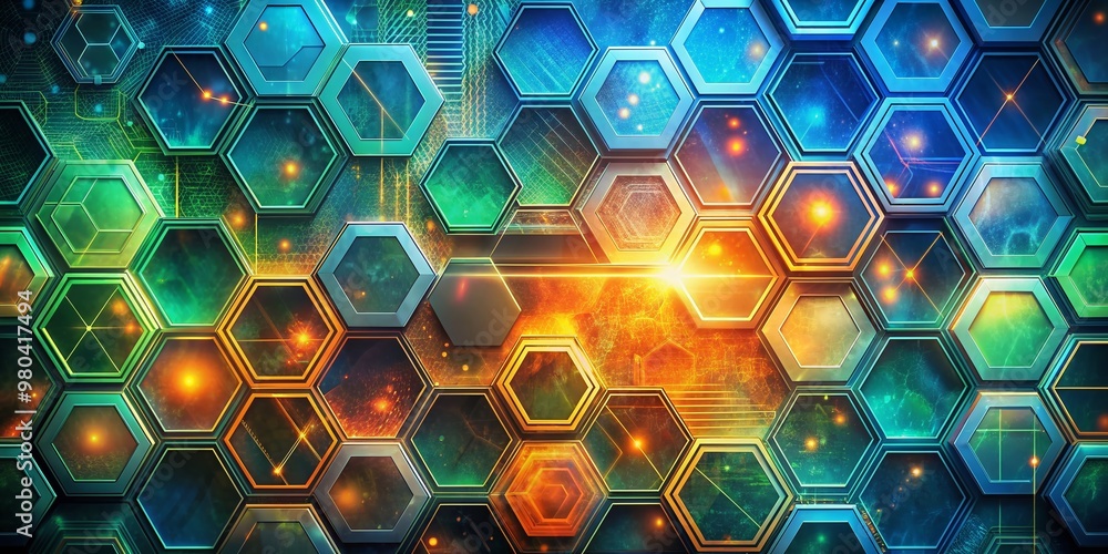 Poster vibrant abstract background featuring intricate hexagonal patterns in shades of blue, green, and ora