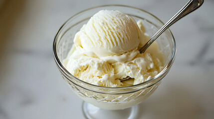 Glass Bowl of Vanilla Ice Cream with Spoon