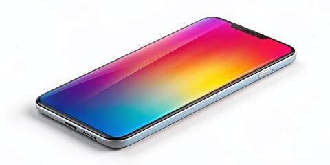 High-resolution smartphone screen mockup with customizable wallpaper, isolated on a white background, showcasing a sleek device with vibrant colors and crisp details.