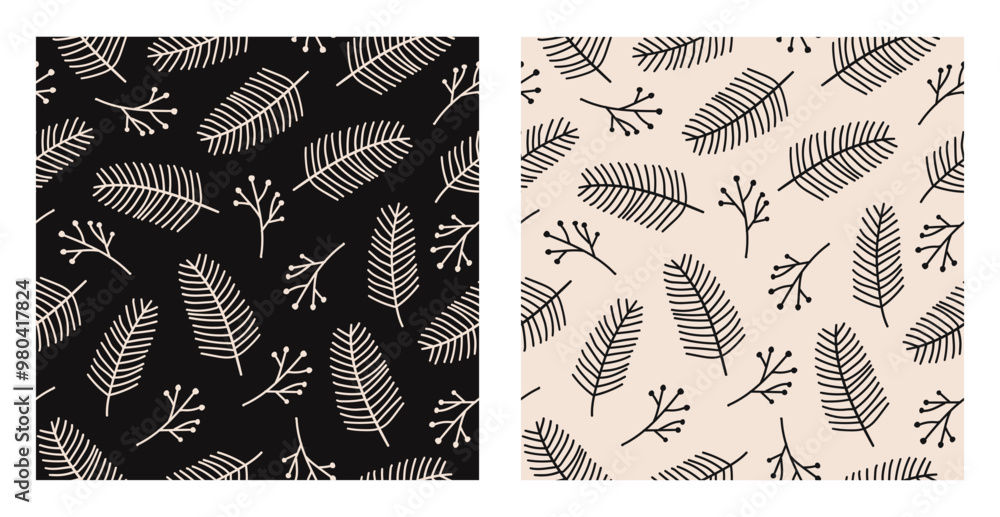 Poster Vector seamless patterns with  pine branches. Modern minimal illustration. Black and beige colors
