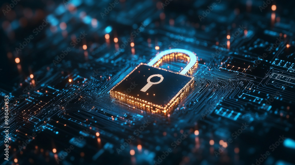 Poster cybersecurity. digital lock icon, cybersecurity tech network data protection, virtual dashboard. onl