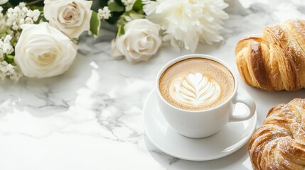 a coffee cup, pastries, and fresh flowers on a marble surface, perfect for a relaxing brunch Close-up photo with clean background