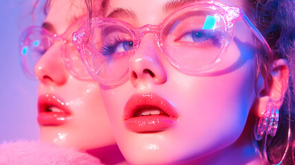 Fashion of young girls from the 80s and 90s, showcasing vibrant neon hues, high-waisted jeans, scrunchies, and voluminous hairstyles