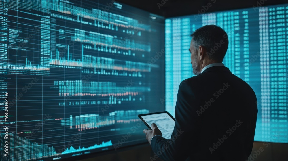 Aufkleber a businessman reviewing a financial report in front of a large screen displaying stock market data c