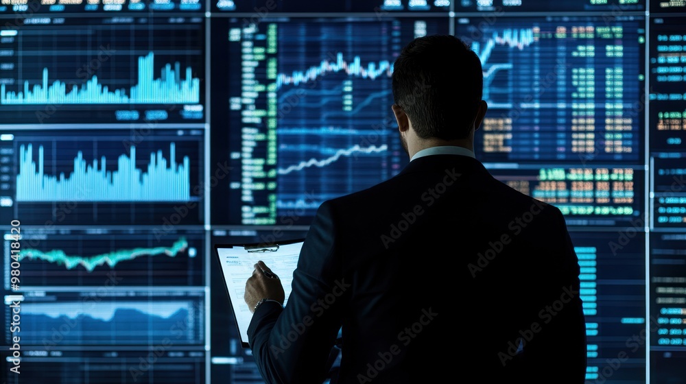 Poster a businessman reviewing a financial report in front of a large screen displaying stock market data c