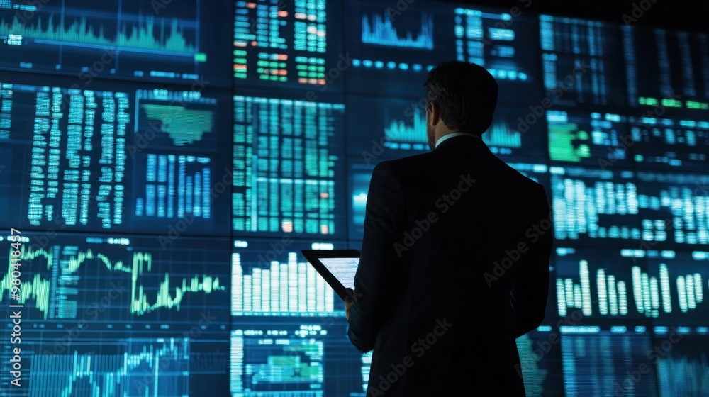 Poster a businessman reviewing a financial report in front of a large screen displaying stock market data c