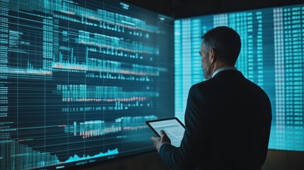 A businessman reviewing a financial report in front of a large screen displaying stock market data Close-up photo with clean background
