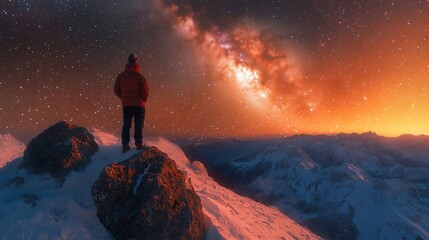 Fototapeta premium A lone figure stands atop a snowy mountain, gazing at the star-filled sky with the Milky Way glowing above.