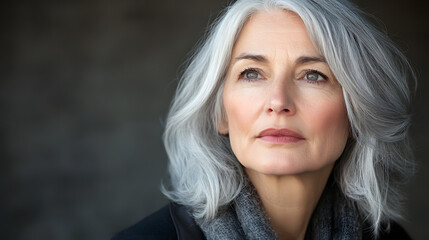 Fototapeta premium Portrait of a beautiful older woman with gracefully grey hair isolated on dark grey background