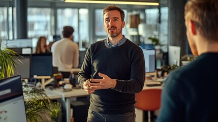 A charismatic engineer in smart casual wear discussing project details with a team in an open-plan office, representing a balanced professional lifestyle