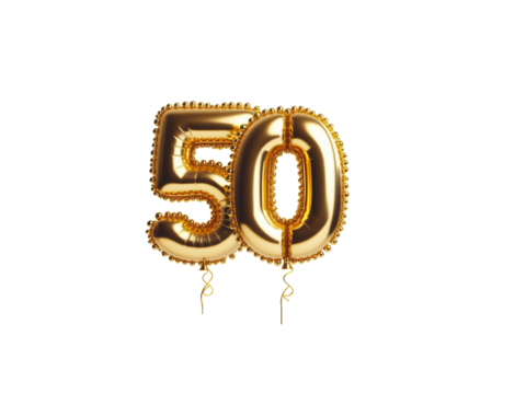 Golden balloon with the anniversary number 50 transparent background