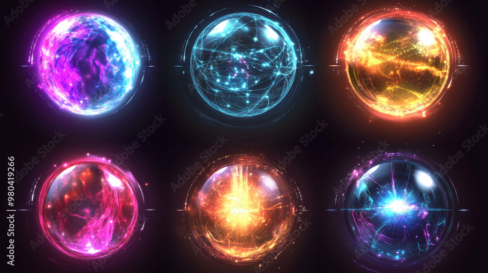 Poster orbital shield abstract energy safeguarding spheres. protective force field globe shell. dome barrie