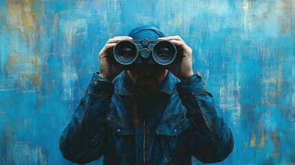 Man looking through binoculars against a blue wall