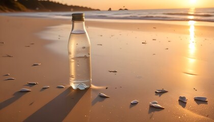 A glass drink bottle positioned on a sandy beach at sunset, capturing the serene beauty of a relaxing seaside moment.