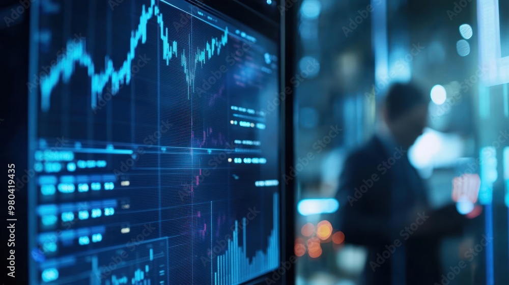 Aufkleber a computer screen displaying live stock market updates, with a focused business professional analyzi