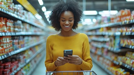 Woman with curly hair smiling while using her phone in a grocery store aisle