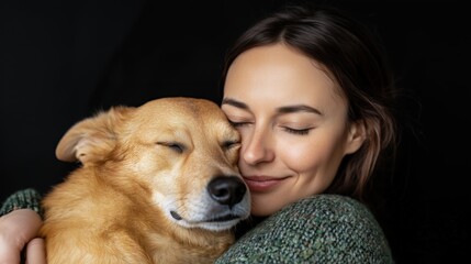 Heartwarming bonding moment: woman and dog in cozy embrace against black background for cards or posters