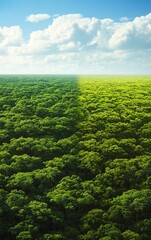 Obraz premium Forest transitioning from lush green to dry desert, illustrating deforestation and environmental degradation