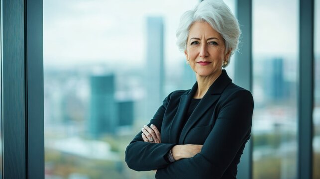 A confident senior businesswoman in a power pose, standing in front of a large window overlooking a city skyline, arms crossed, exuding authority and professionalism 