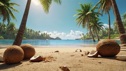 AI GENERATE A tropical beach scene with animated coconuts dropping from palm trees onto the sand