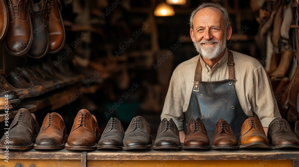 Poster a man stands behind a table with a variety of shoes on display. he is smiling and he is happy