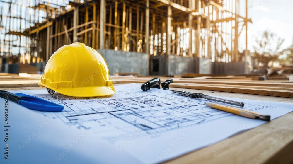 Poster a construction blueprint spread out on a table with tools and a hard hat nearby, surrounded by the f