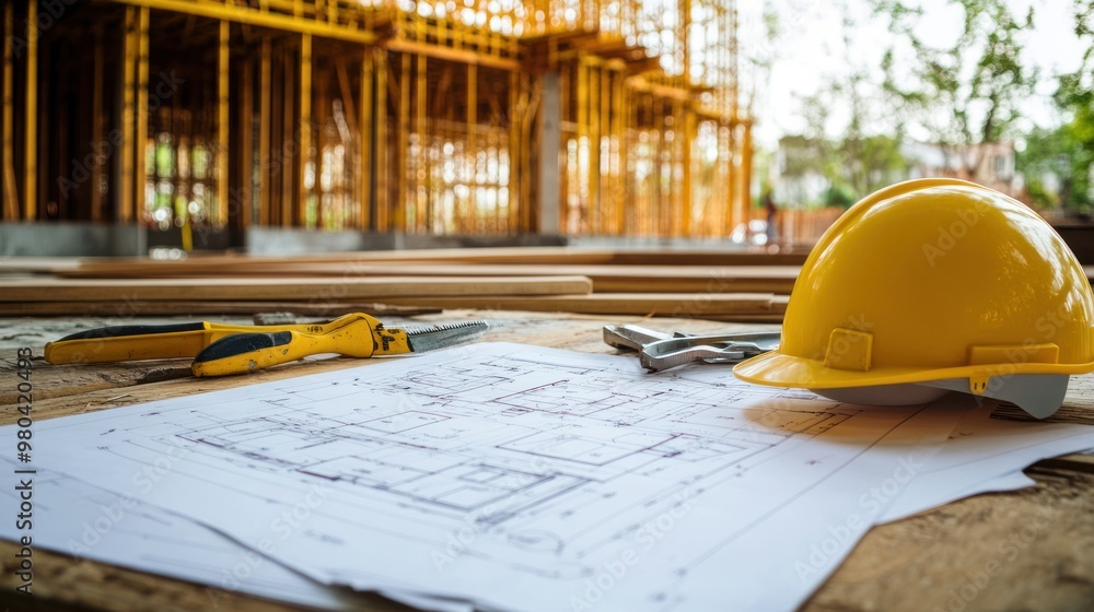 Poster a construction blueprint spread out on a table with tools and a hard hat nearby, surrounded by the f