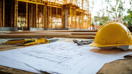 A construction blueprint spread out on a table with tools and a hard hat nearby, surrounded by the framework of a new building Close-up photo with clean background