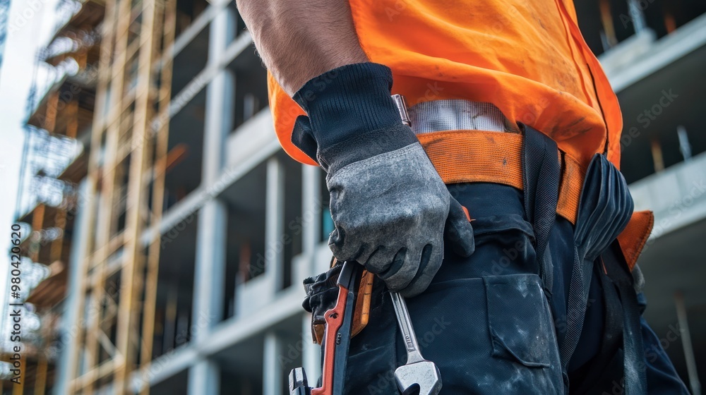 Poster a construction worker holding a wrench and standing in front of a large, modern building framework u