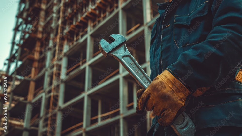 Poster a construction worker holding a wrench and standing in front of a large, modern building framework u