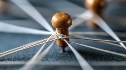 Interconnected network concept with string and pins for strategic planning and collaboration themes