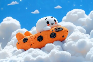 Naklejka premium Cute Ghost Riding a Submarine in the Clouds