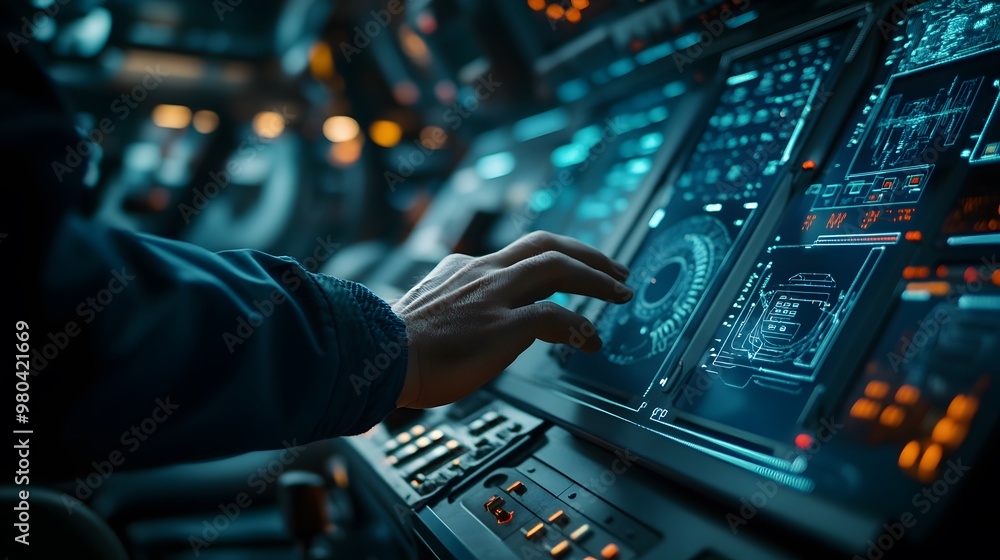 Wall mural close-up of an engineer hand adjusting turbine settings, soft indoor light in a high-tech control ro