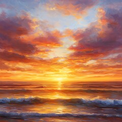 Fototapeta premium A breathtaking sunset over the ocean with vibrant colors and clouds.