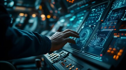 Obraz premium Close-up of an engineer hand adjusting turbine settings, soft indoor light in a high-tech control room, detailed digital displays and equipment, calm and precise mood