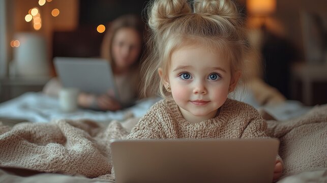 Little girl using tablet computer in bed