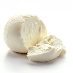 Fresh mozzarella cheese ball sliced on a clean background.